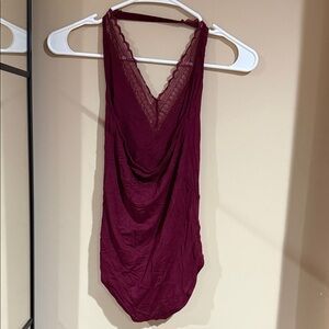 American Eagle By Payless Burgundy Lace-Trim Halter Bodysuit